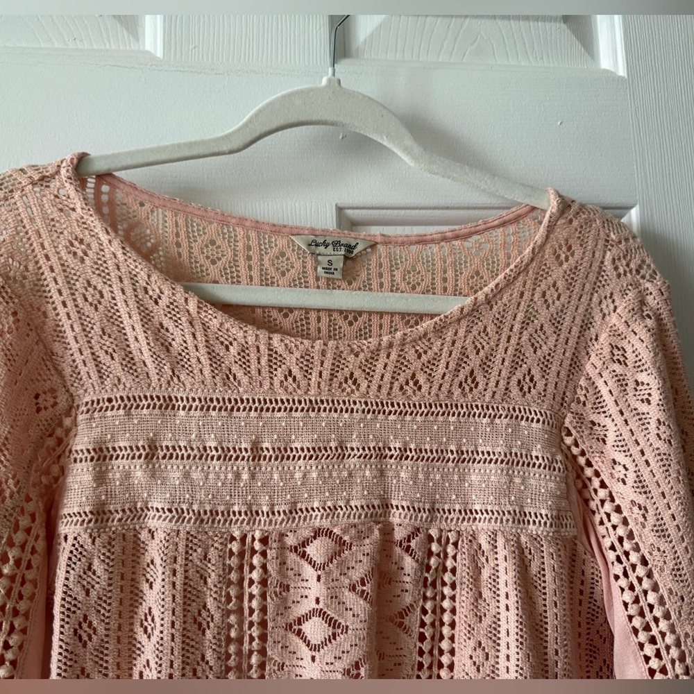 Lucky brand Boho top, S, pale pink, slip over, 3/4 sleeves, boat neck, NWOT - Picture 2 of 5